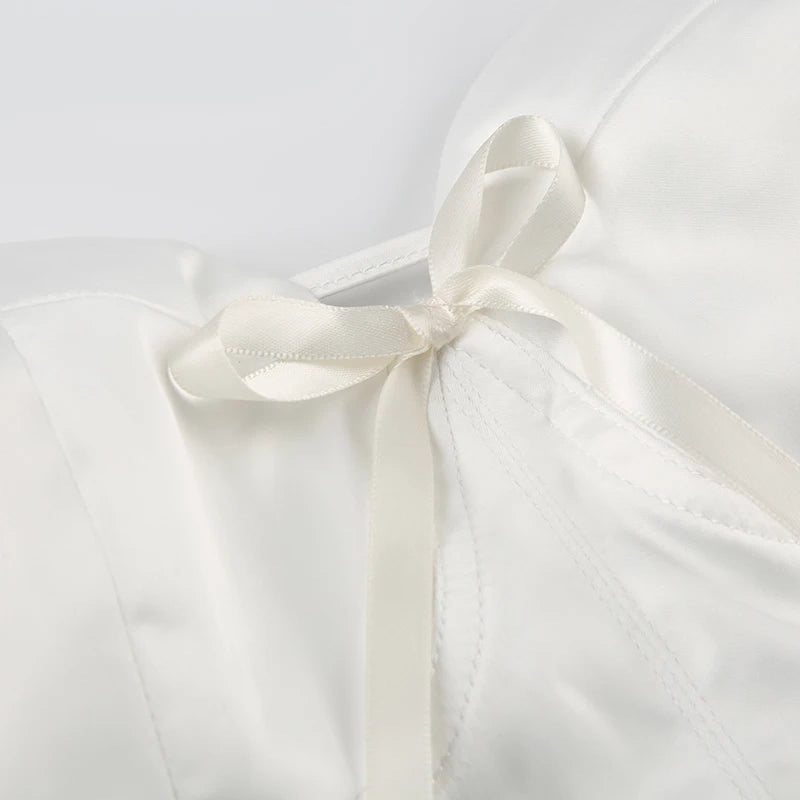 White Silk V-Cut Bow Corset Back Tie Strapless Top