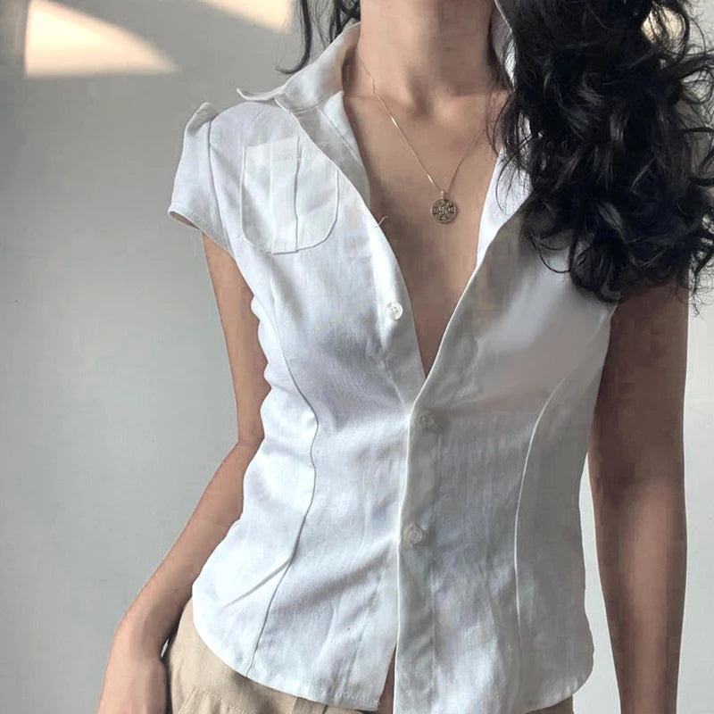 White Front Pocket Button Up Puff Short Sleeve