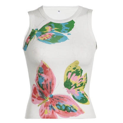 White Knit Butterfly Print Sleeveless Top