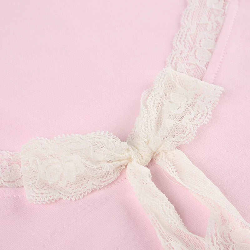 Solid Color Lace Bow V-Cut Pink Ribbon Bow Short Sleeve