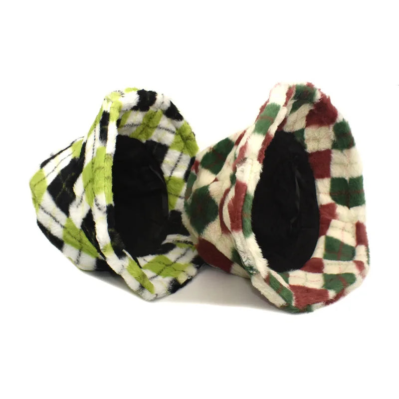 Plaid Fur Bucket Hat