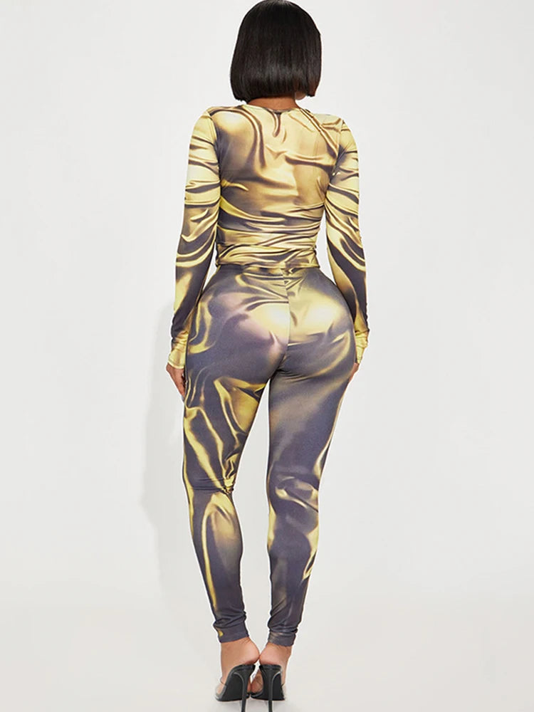 Yellow And Gray Tie-Dye Long Sleeve Bodysuit And Legging Set