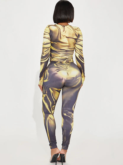 Yellow And Gray Tie-Dye Long Sleeve Bodysuit And Legging Set