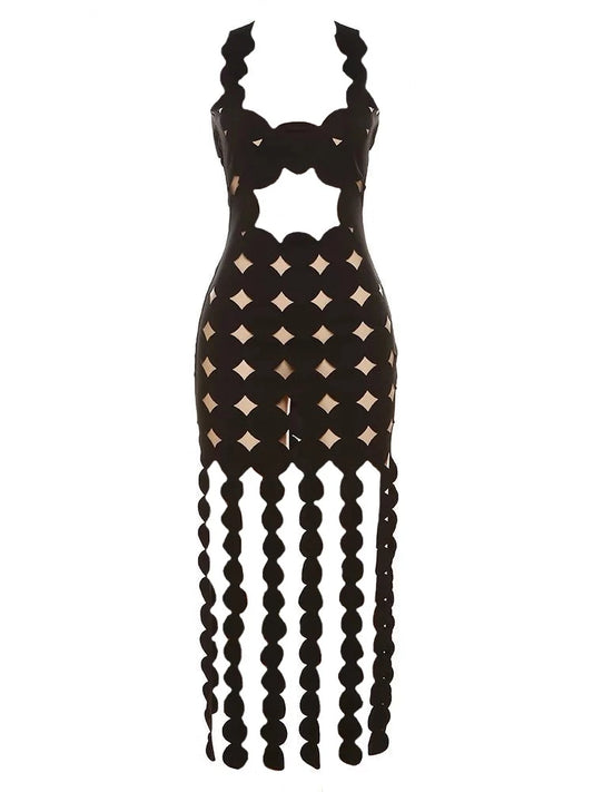 Black Polk-A-Dot Backless Tassel Sleeveless Maxi Dress