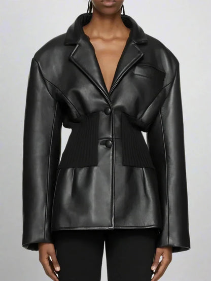 Black Leather Ruched Stomach Blazer