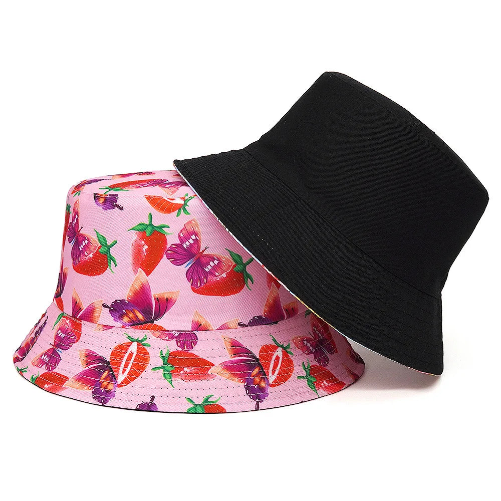 Solid Color Strawberry And Butterfly Print Cotton Reversible Bucket Hat