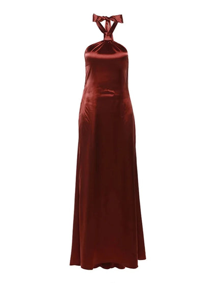 Red Silk Backless Halter Maxi Dress