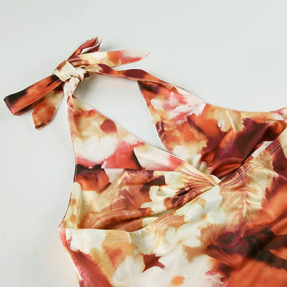 Orange Floral Print Twist V-Cut Halter Top