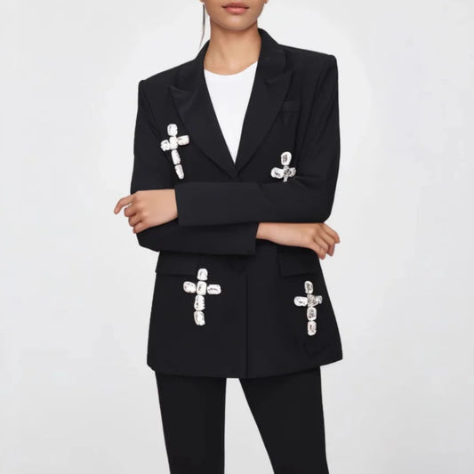 Black Rhinestone Studded Cross Blazer