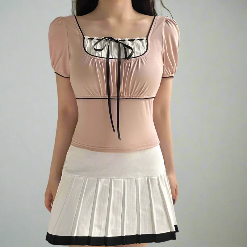 Pink Black Trim Fake White Pleated Under Shirt Puff Short Sleeve