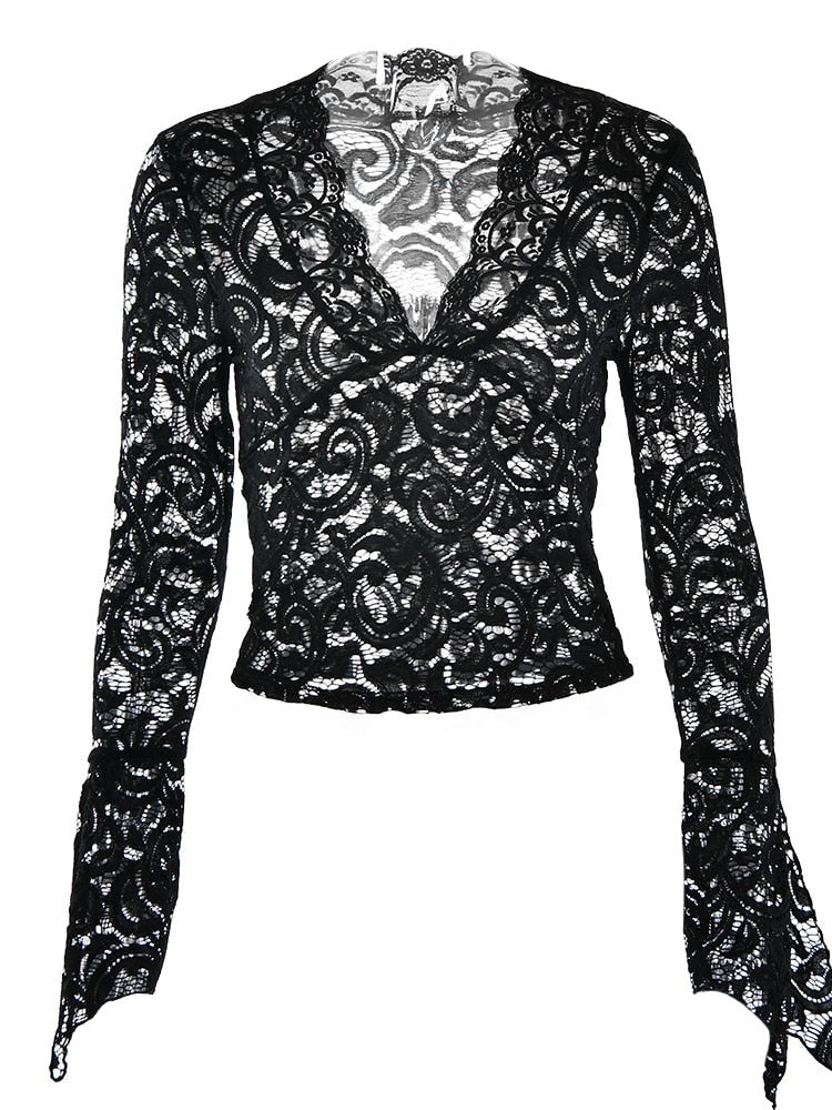 Solid Color Lace V-Cut Flare Long Sleeve