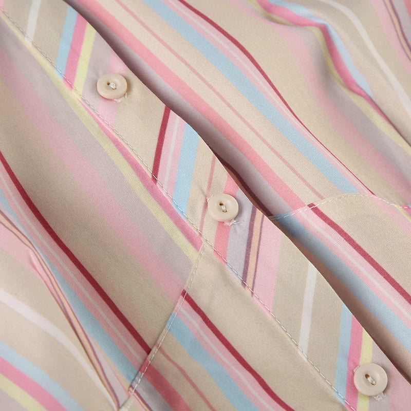 Beige Multicolor Stripe Button Up Short Sleeve