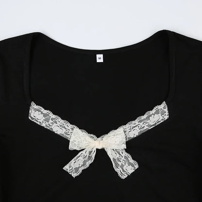 Black Beige Lace Bow V-Cut And Pink Bow Long Sleeve