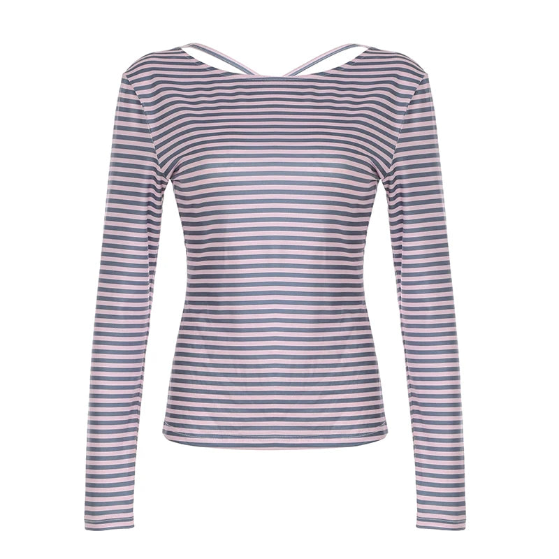 Pink And Blue Stripe Backless Lace-Up Long Sleeve