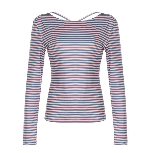 Pink And Blue Stripe Backless Lace-Up Long Sleeve