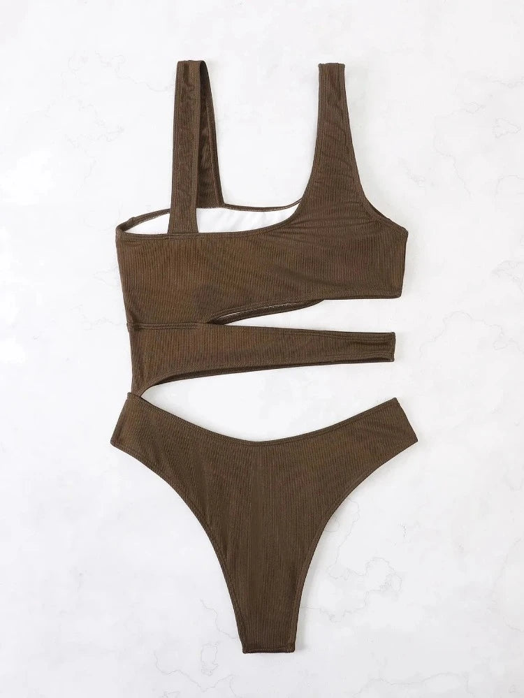 Brown Ribbed Hollow Out Spaghetti Strap One Piece