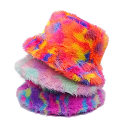 Multicolor Swirl Long Fur Fluffy Bucket Hat