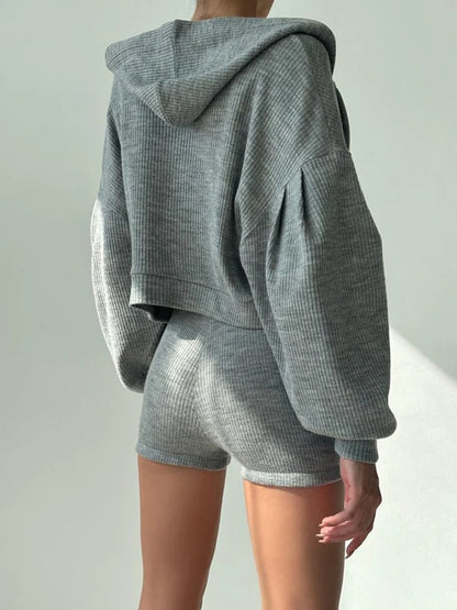 Gray Knit Ribbed Hooded Jacket V-Cut Crop Top And Shorts Set