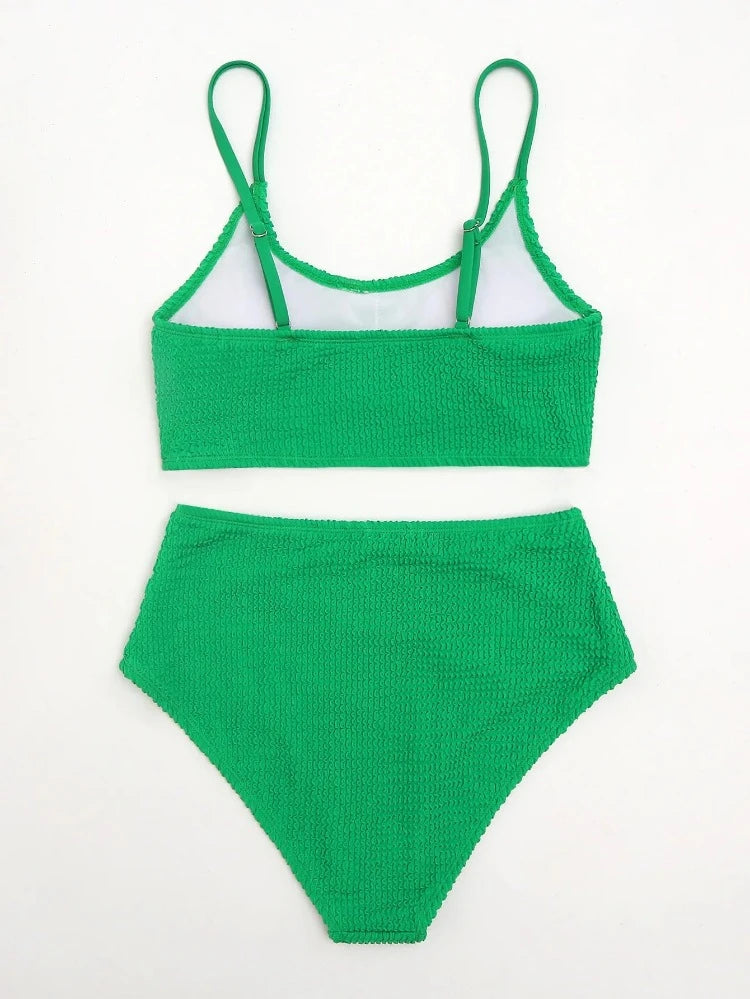 Green Ribbed Patchwork Spaghetti Strap High Waist Bikini
