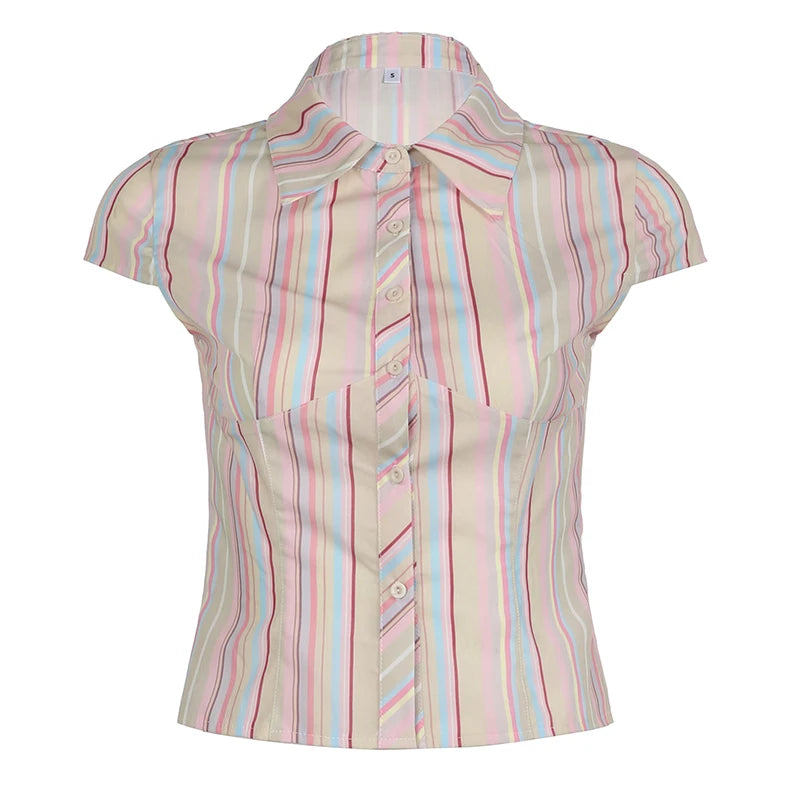 Beige Multicolor Stripe Button Up Short Sleeve