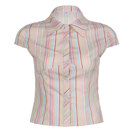 Beige Multicolor Stripe Button Up Short Sleeve