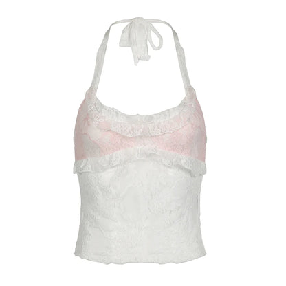 White And Pink Lace Lettuce Trim Halter Top