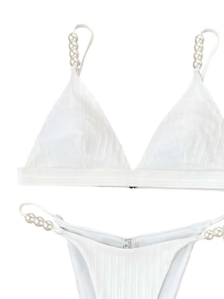 White Ribbed V-Cut Pearl Strap Bikini