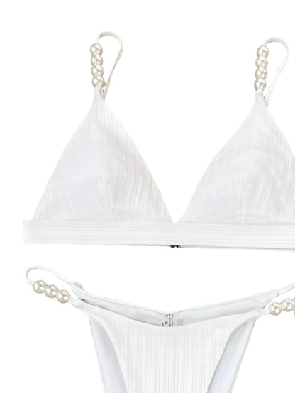 White Ribbed V-Cut Pearl Strap Bikini