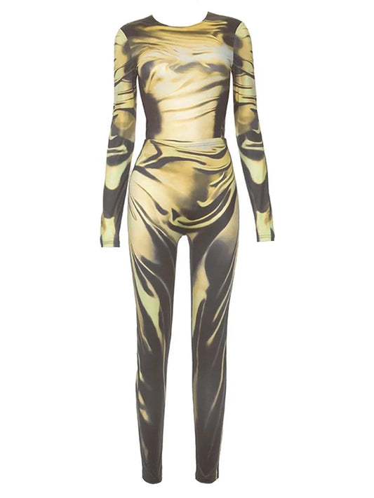 Yellow And Gray Tie-Dye Long Sleeve Bodysuit And Legging Set