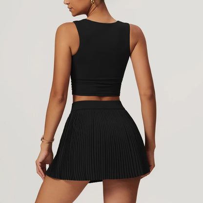 Solid Color Stretchy Crop Sleeveless Top And Pleated Mini Skirt Set