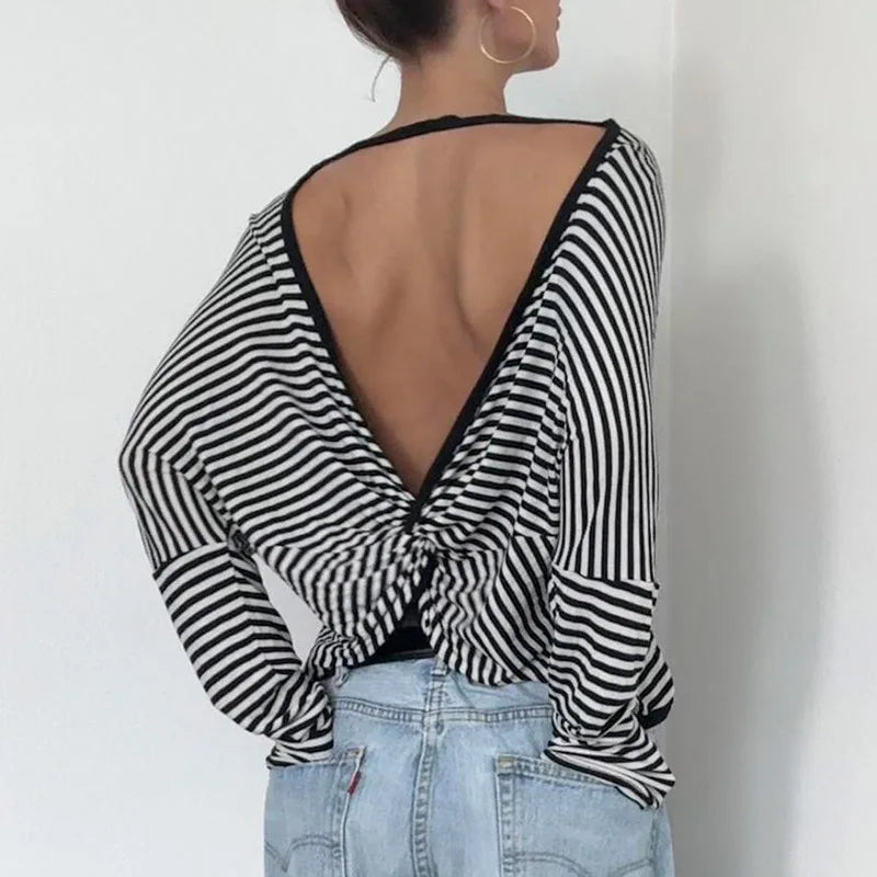 Black And White Stripe Backless Twist Knot Long Sleeve