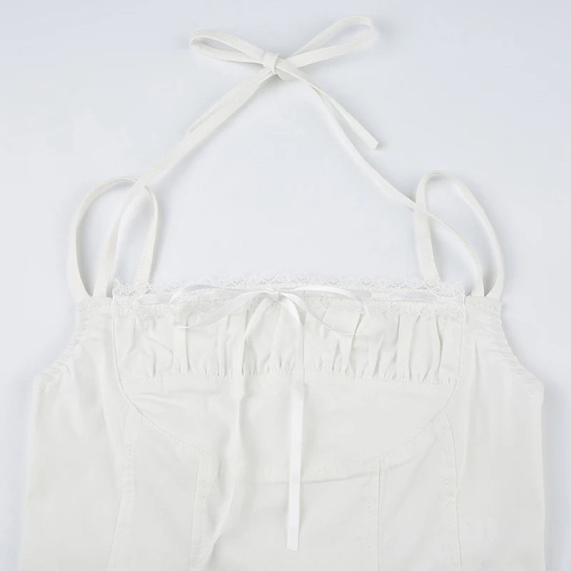 White Bow Ruched Top Patchwork Halter Top