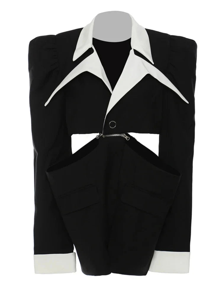 Black Puff Shoulder White Collar Detachable Blazer