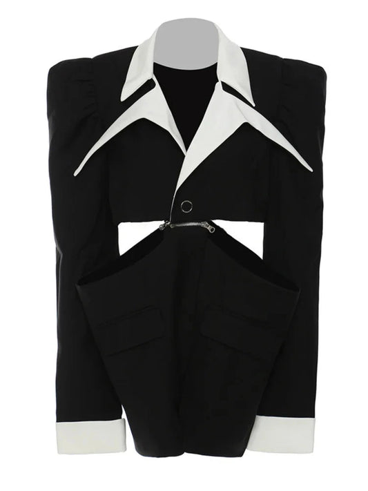 Black Puff Shoulder White Collar Detachable Blazer