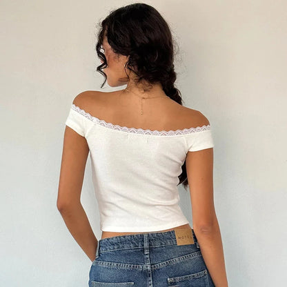 White Knit Ribbed Lace Trim Off Shoulder Short Sleeve