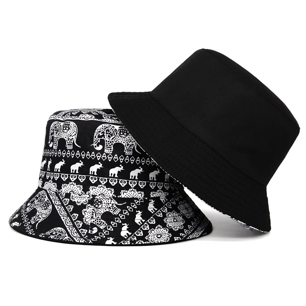 Solid Color Elephant Print Cotton Reversible Bucket Hat