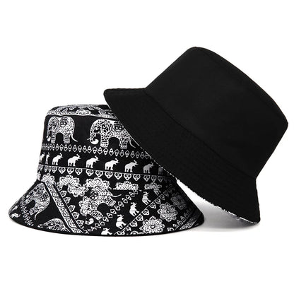 Solid Color Elephant Print Cotton Reversible Bucket Hat