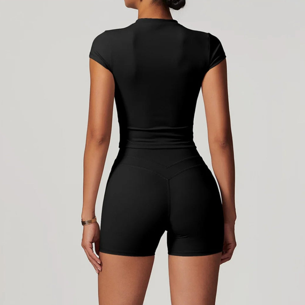 Solid Color Stretchy Short Sleeve And Patchwork High Waisted Shorts Set