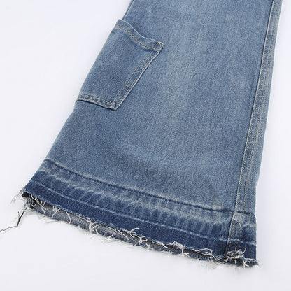 Blue Denim Distressed Cargo Star Low Waisted Flare Jeans