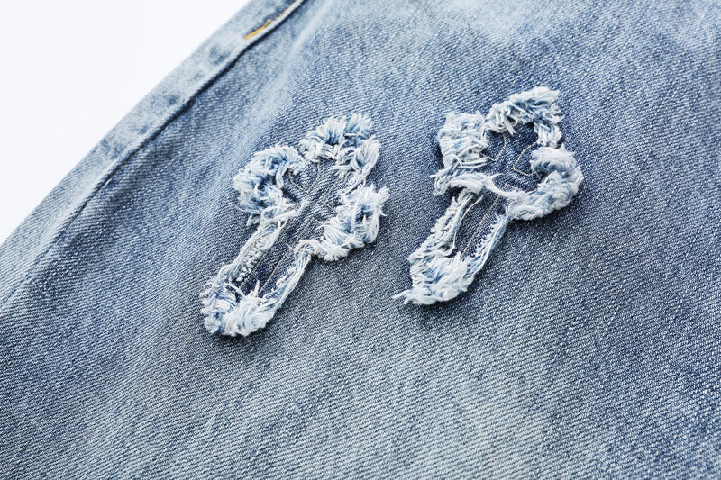 Blue Denim Distressed Cross Embroidery Straight Jeans