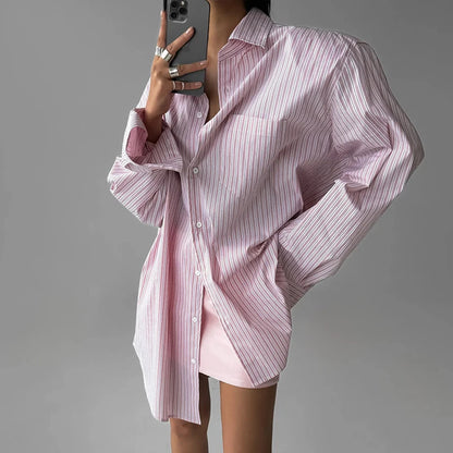 Solid Color Stripe Button Up Oversized Long Sleeve