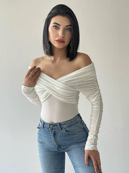 White Criss-Cross Off Shoulder Ruched Long Sleeve Bodysuit