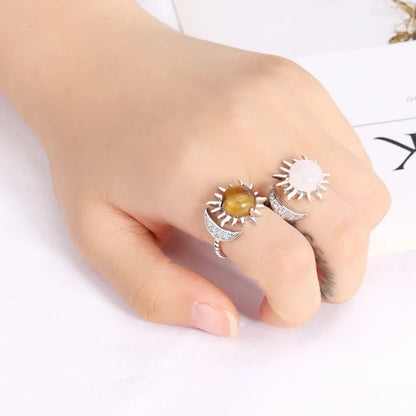 Silver Metal Twist Rhinestone Studded Moon And Polished Round Crystal Sun Ring