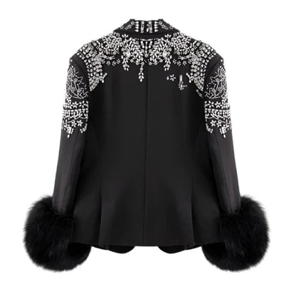 Black Rhinestone Studded Fur Trim Sleeve Blazer