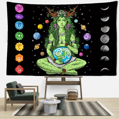 Mother Gaia Holding Earth With Planets Chakras And Moon Phases In The Stars Tapestry