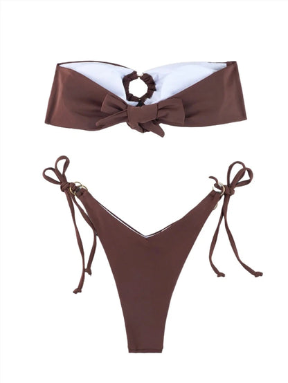 Brown Micro Strapless Ring Link Bikini