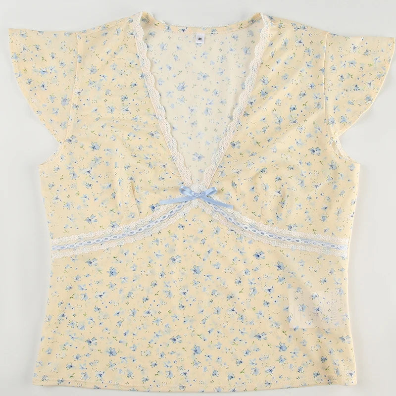 Yellow Sheer Blue Floral Print V-Cut Lace And Blue Ribbon Ruffle Short Sleeve