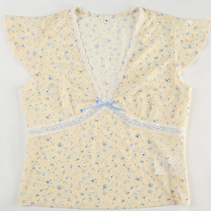 Yellow Sheer Blue Floral Print V-Cut Lace And Blue Ribbon Ruffle Short Sleeve