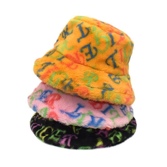 Solid Color Letter Print Fur Bucket Hat