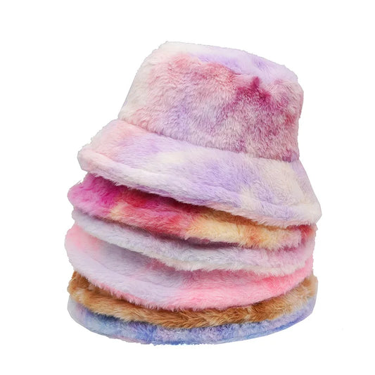 Pastel Tie-Dye Fur Bucket Hat